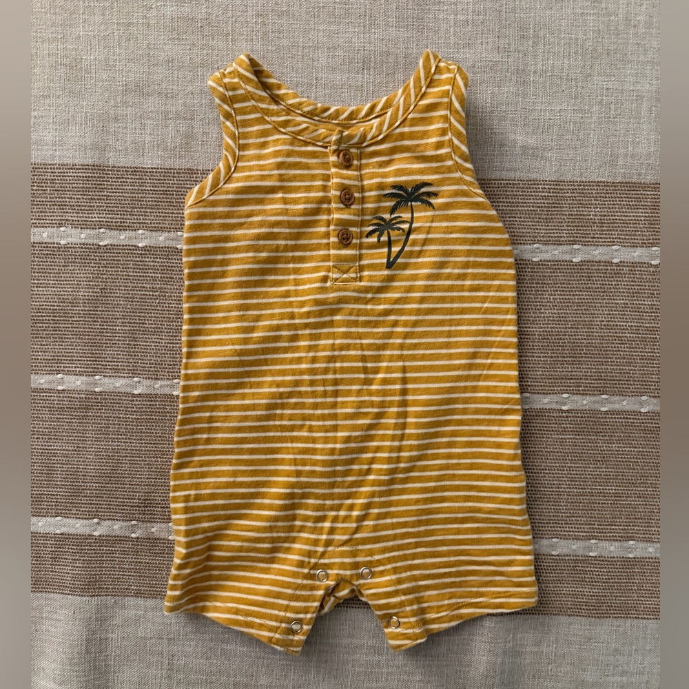 Striped Yellow Baby Romper with Palm Tree Design